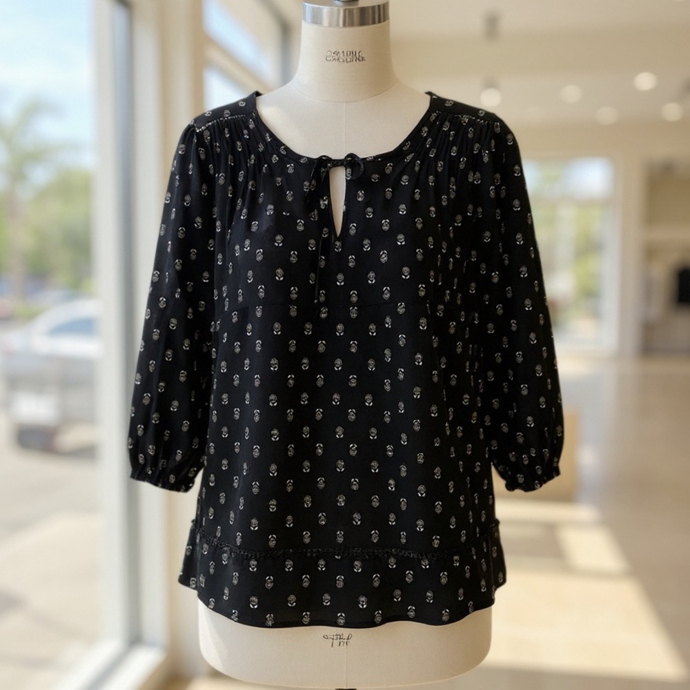 NWT Vera Wang Black Floral Bow Blouse Peasant Top Size S